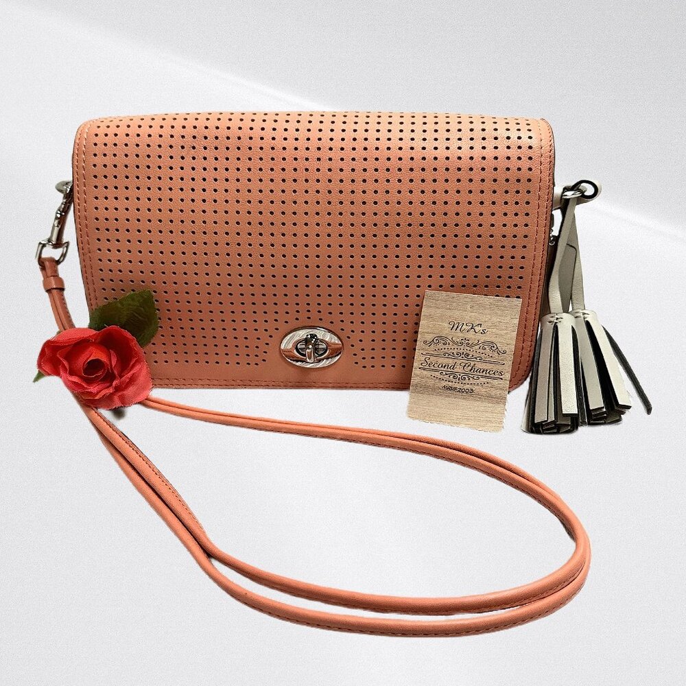 Coach Legacy Perforated Leather Penelope 23404, Shoulder Bag/Xbody in Coral/Sand